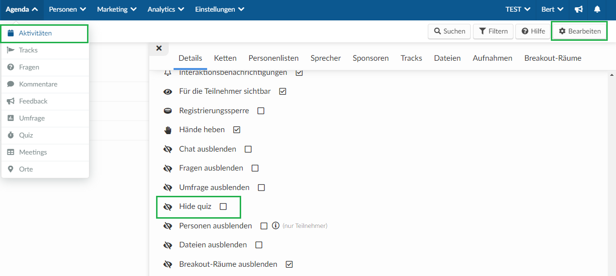 hide quiz tab inside the activity
