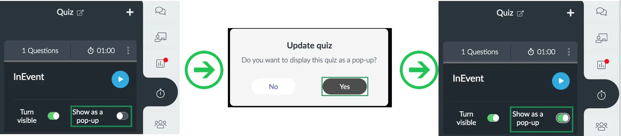 Images showing the steps to enabling quiz to show as pop up