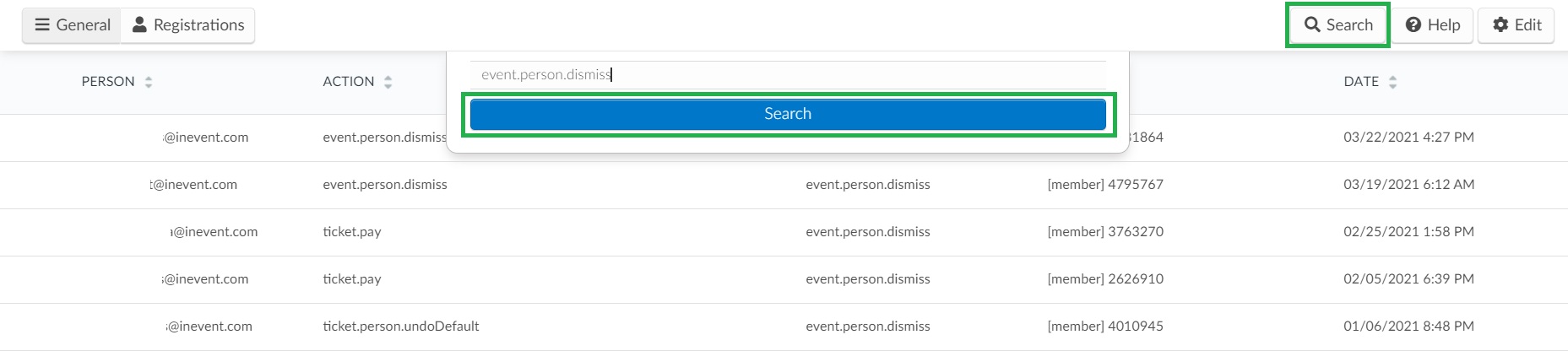 How to search for specific actions