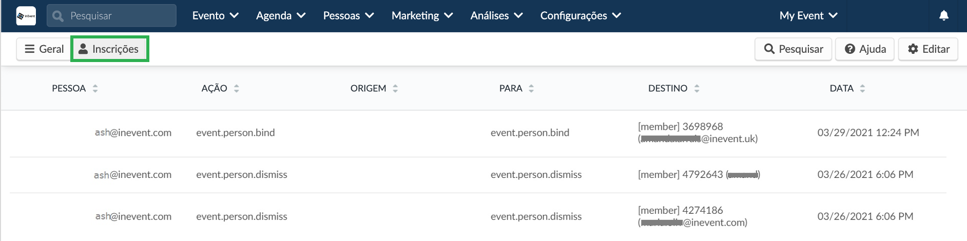 Captura de tela do filtro de Registros