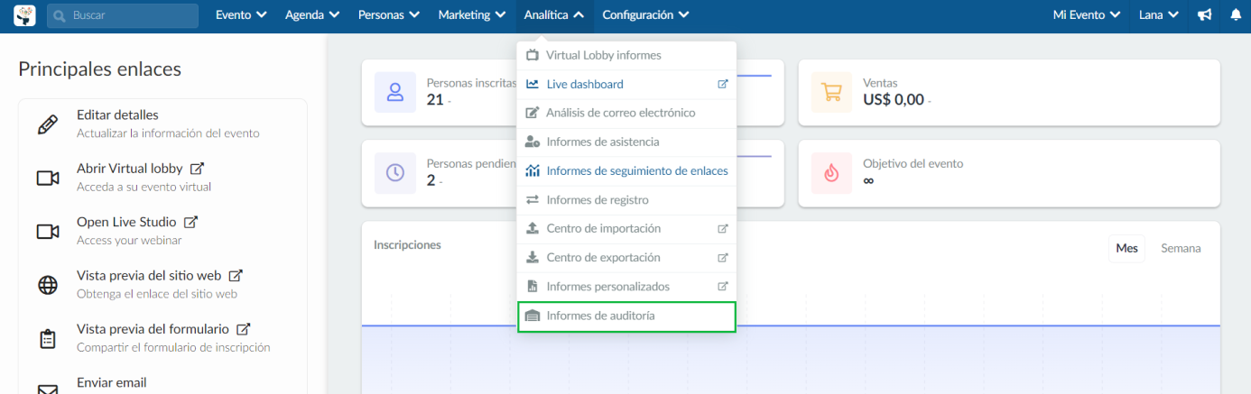 Analítica > Informes de auditoría.