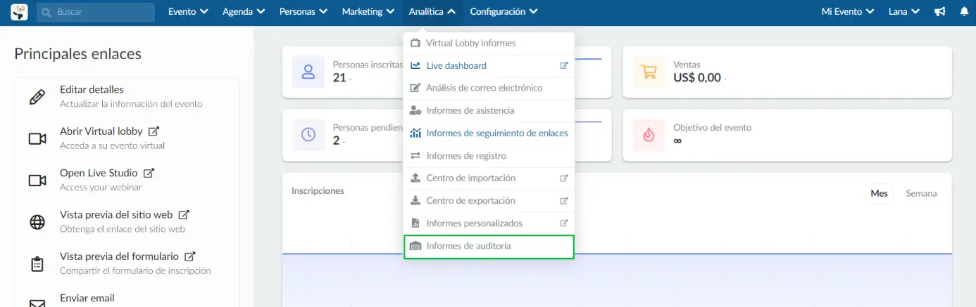 Analítica > Informes de auditoría.