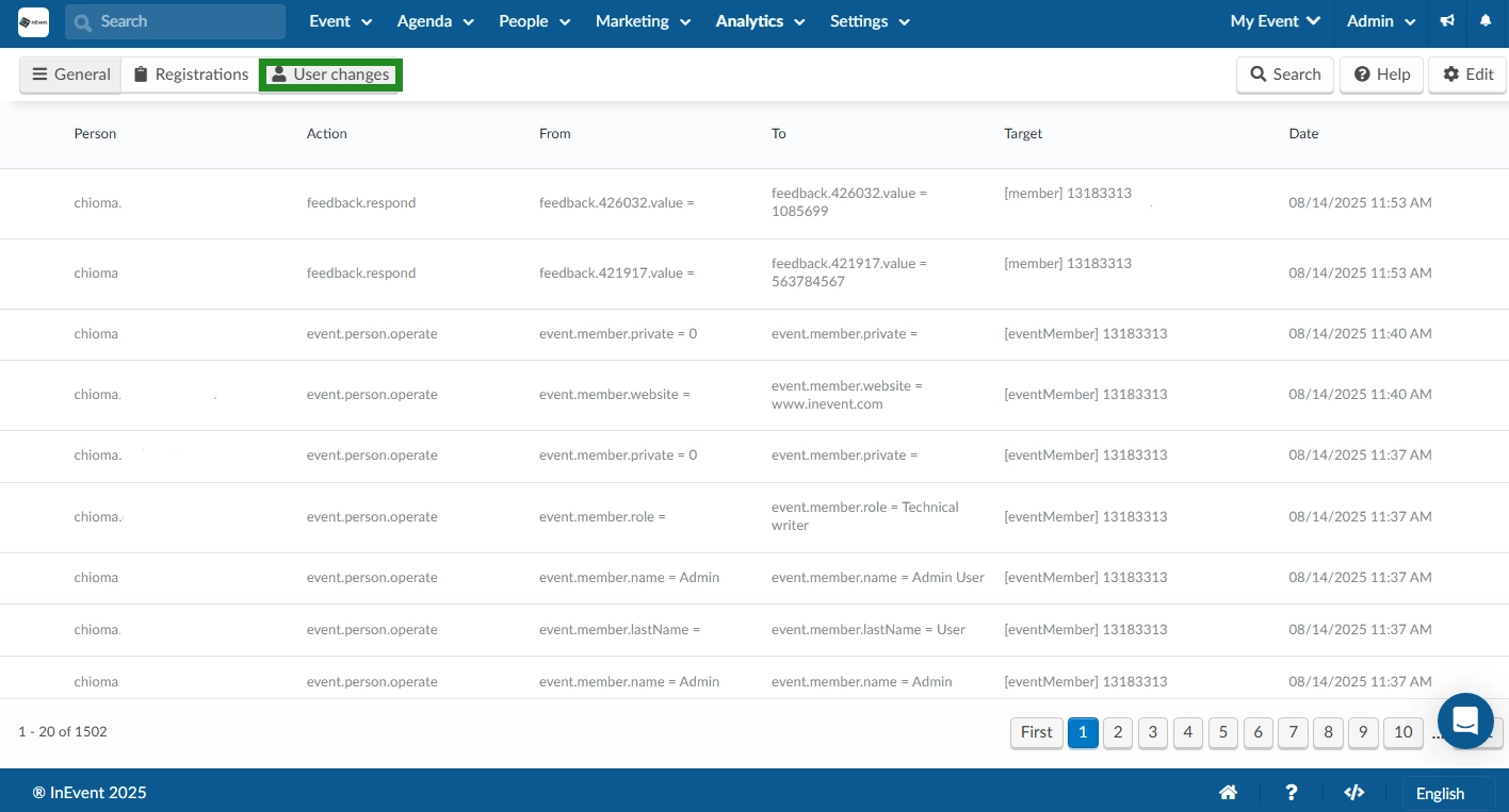 Image showing the User changes tab of the Audit reports page.