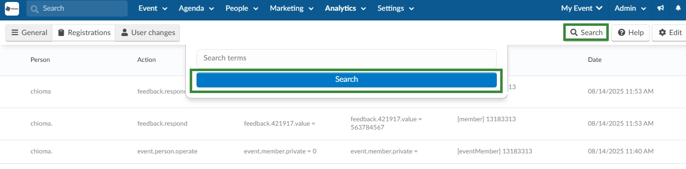 Screenshot showing the Search function for Audit report