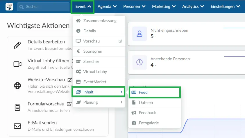 Wenn Sie Inhalte über das Webtool genehmigen oder ablehnen möchten, gehen Sie auf Event > Inhalt > Feed.