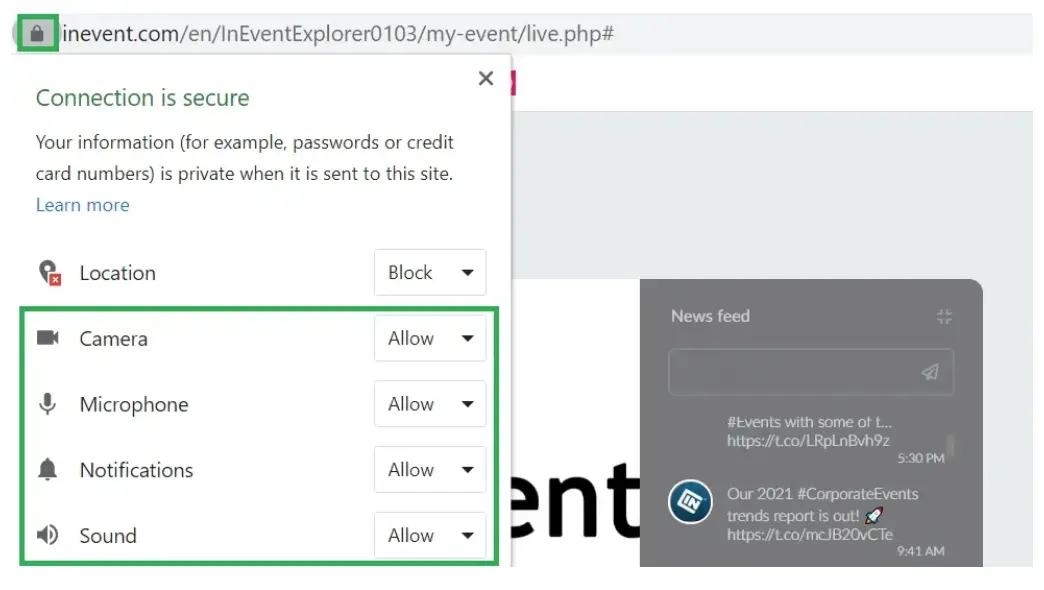 Image showing how to give access to microphone and audio from the padlock on the website