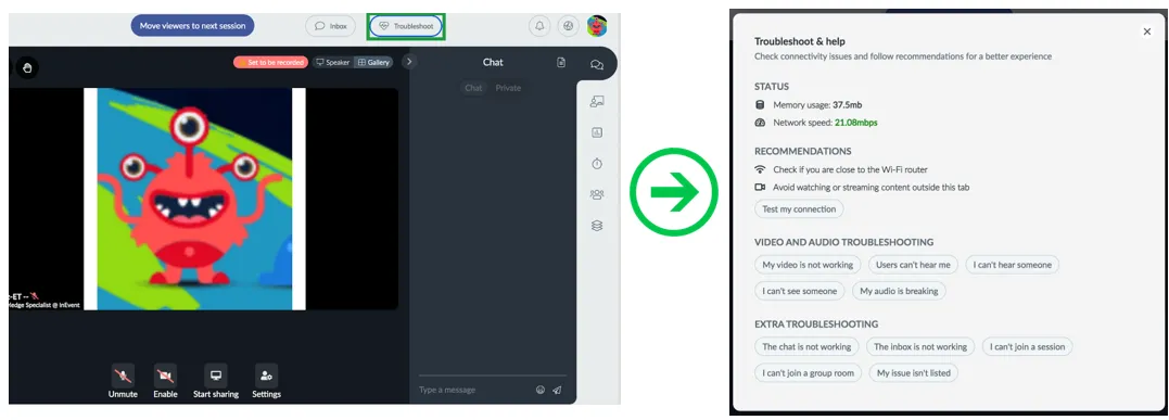 Image showing the troubleshoot button and bar in the virtual lobby