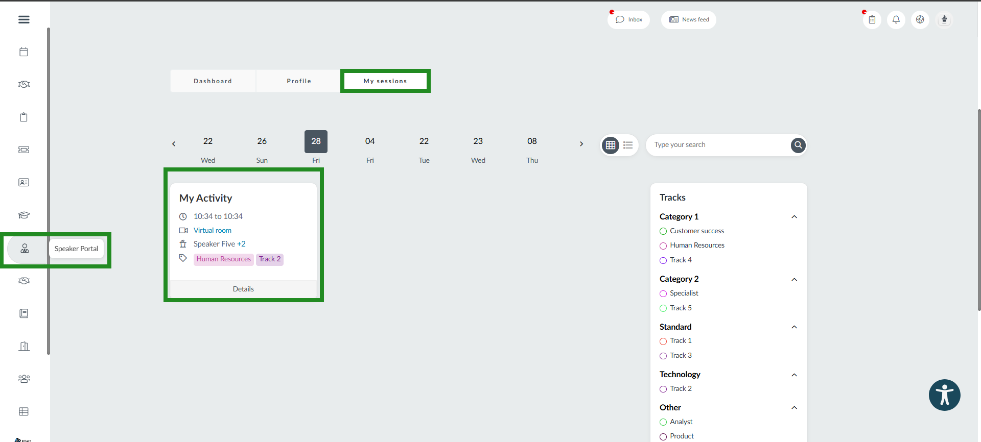 Image showing the My sessions tab on the speakers portal.