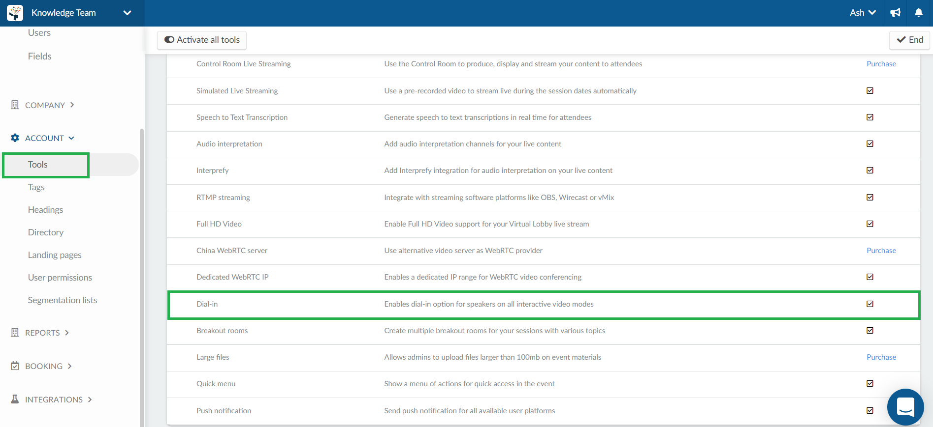 Enabling the dial-in in the company level