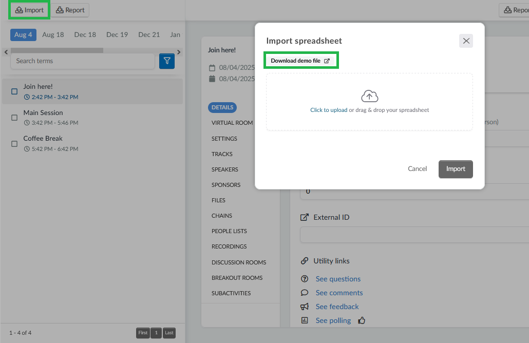 Image showing how to download a demofile, after clicking on Edit, click on import and then on download demofile