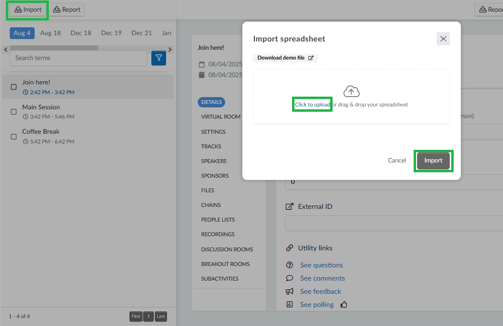 Image showing how to Import a spreadsheet by clicking on Import on top and then by clicking on the green folder and then import button in the window.