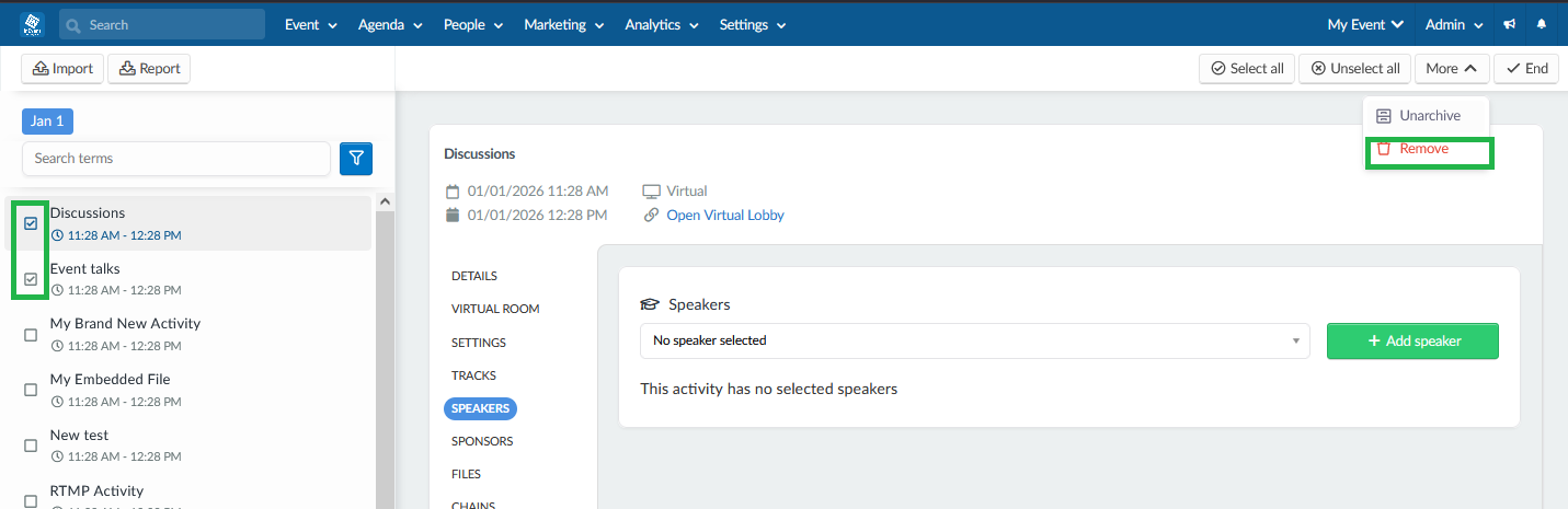screenshot showing how to delete an activity