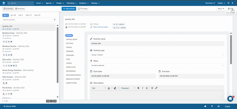 Activity details configuration