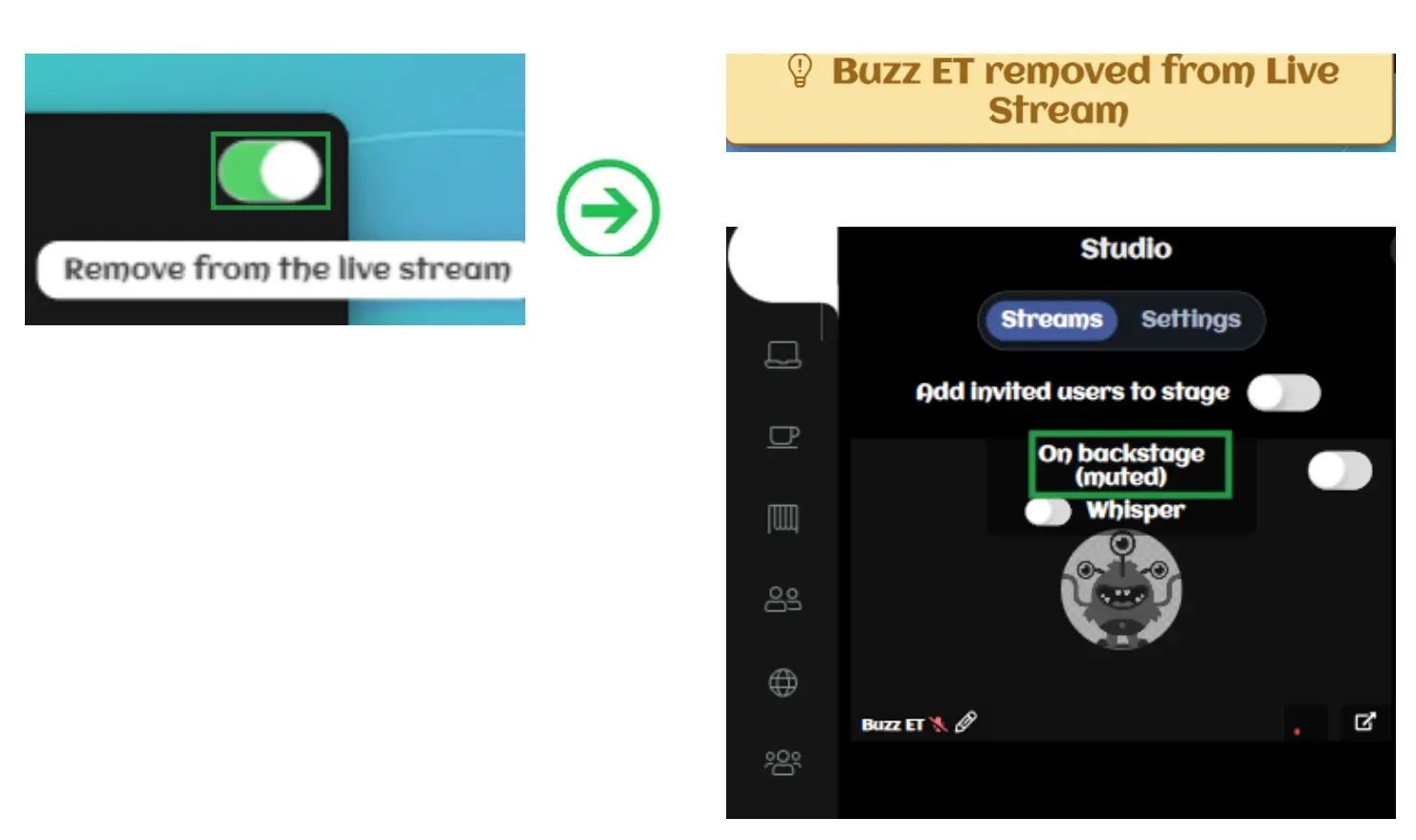 Image showing how to remove invited users from stage by a toggle