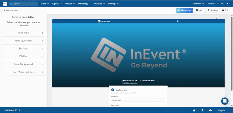 Gif showing customization of Form Title in the form editor.