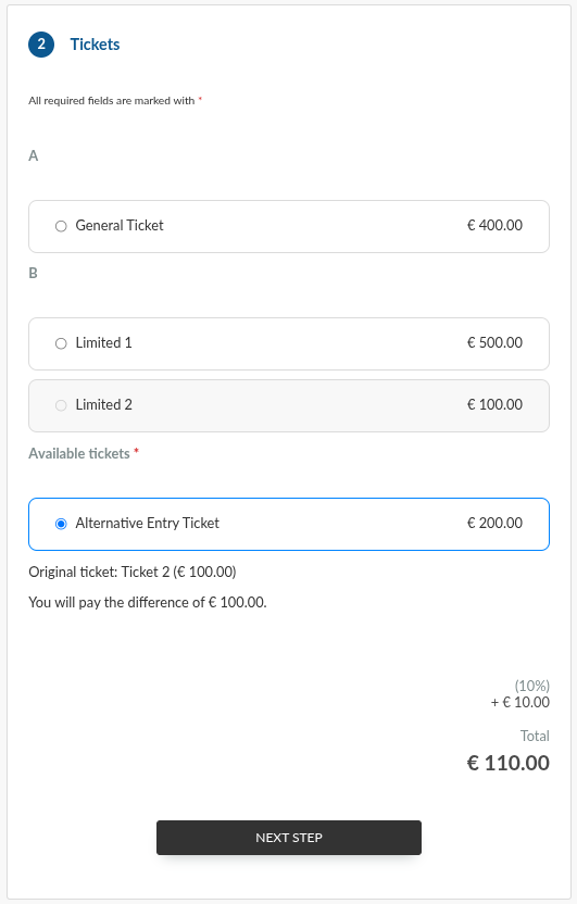 Screenshot showing the swap ticket section in the purchase form