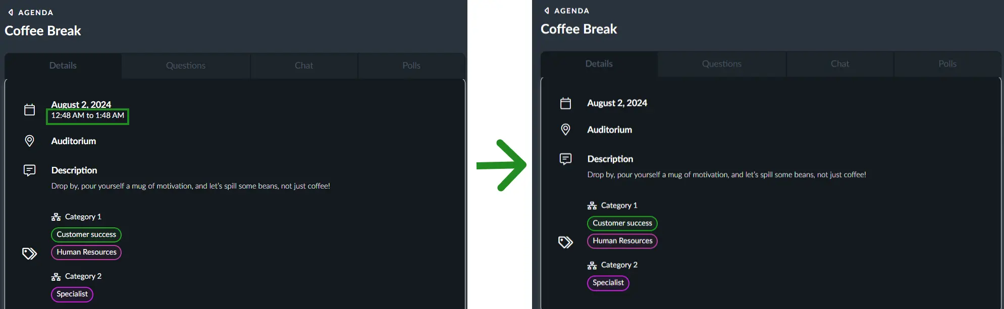 Screenshot showing the effects of the hide activity start and end time in activity details