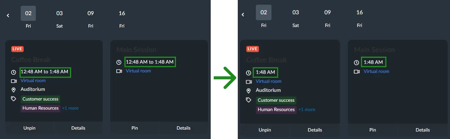 Screenshot showing the effects of the hide activity start time in the My Agenda tab