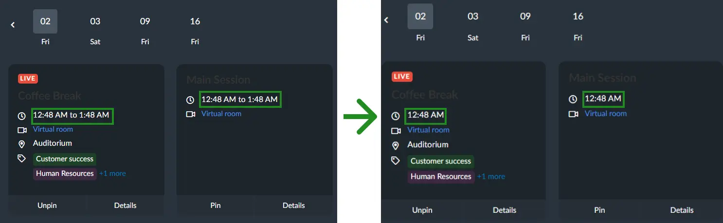 Screenshot showing the effects of the hide activity end time in the My Agenda tab