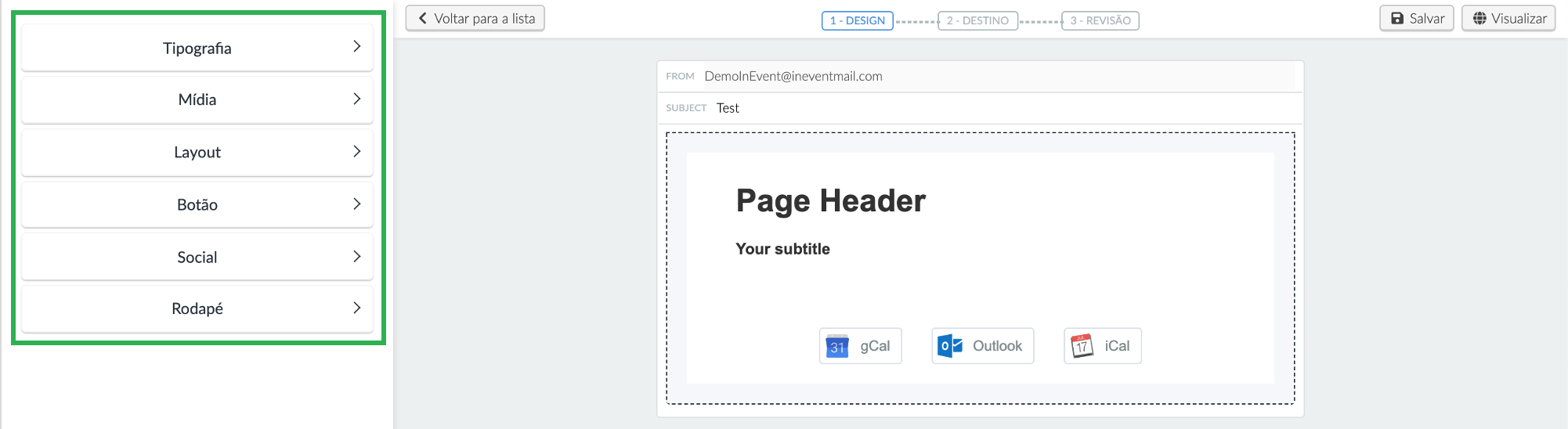 Opções de customização do e-mail