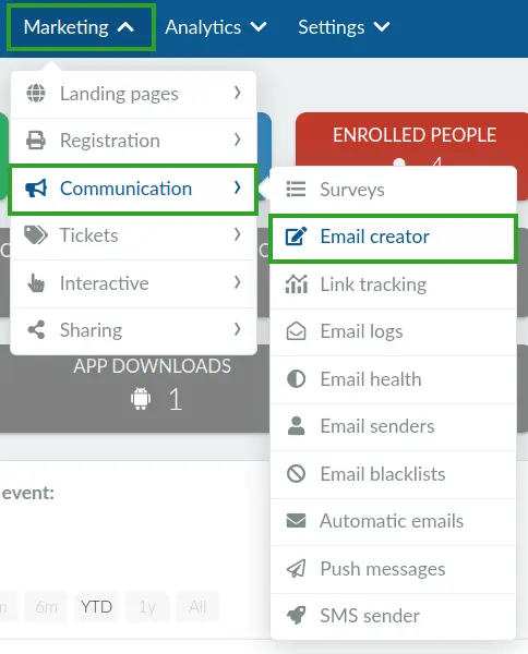 Screenshot showing how to navigate to the Email creator