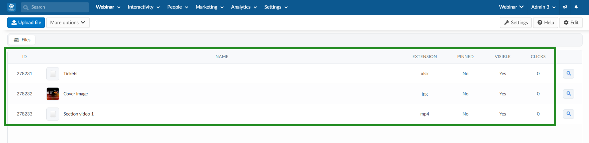 an image showing the files with name, format, pinned and visibility status, and click count