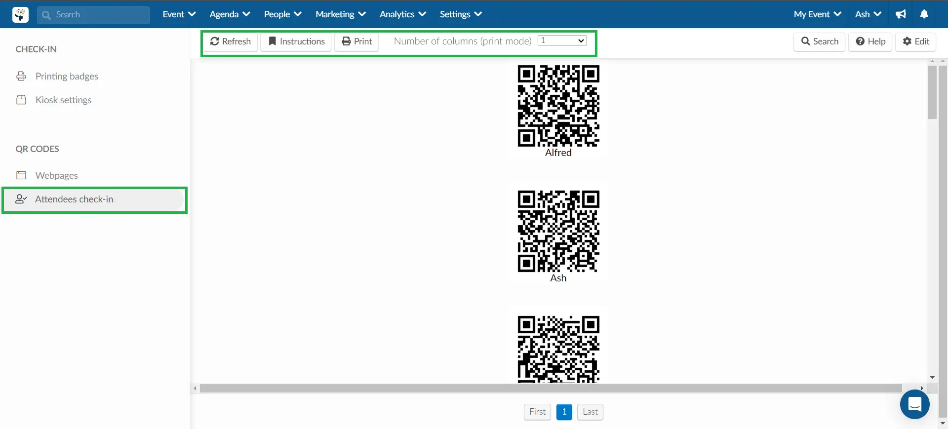 Screenshot showing the QR Codes > Attendees check-in section.