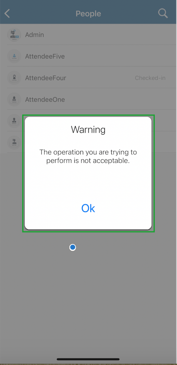 Image showing error message received when you attempt to check-in an attendee on the block list