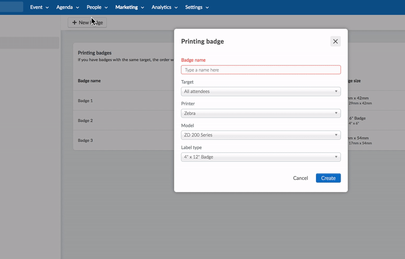 GIF showing how to create a new printing badge