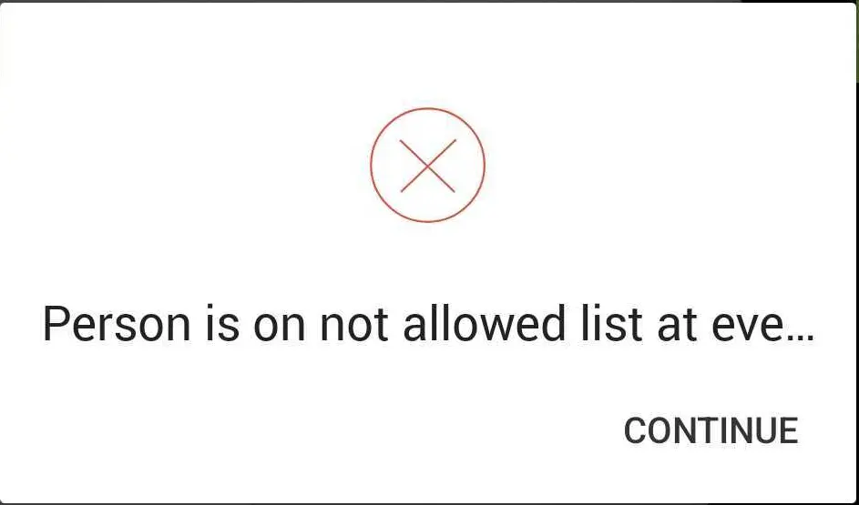Image showing error message received when you attempt to check-in an attendee on the block list