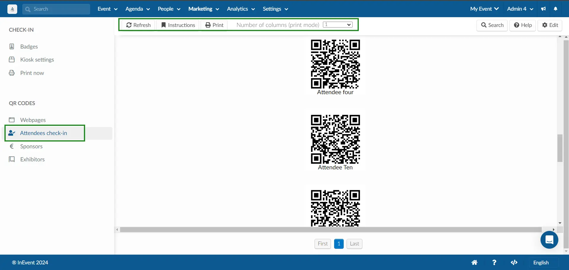 Screenshot showing the QR Codes > Attendees check-in section.