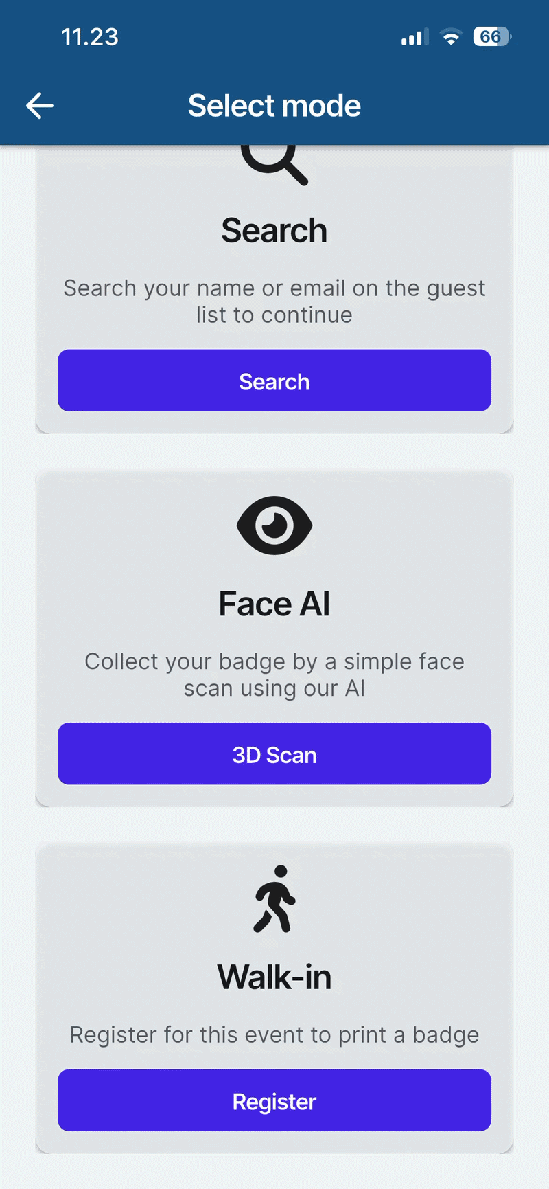 GIF showing the Start check-in selection & Walk-in registration