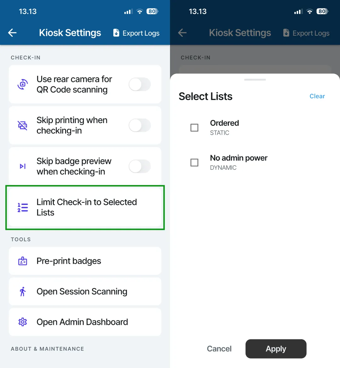 Filter check in by list