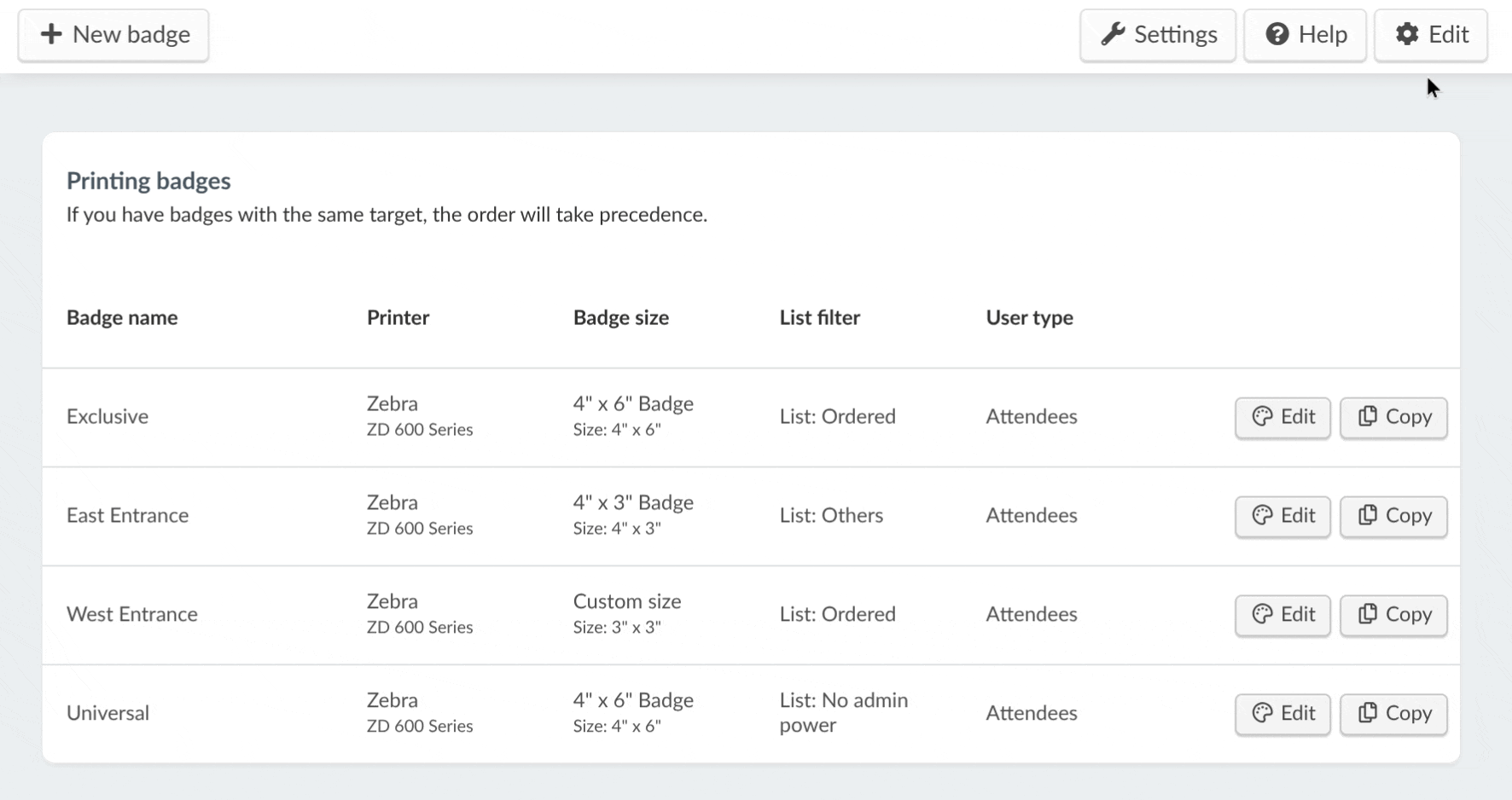 GIF showing how to reorder badge printing priority