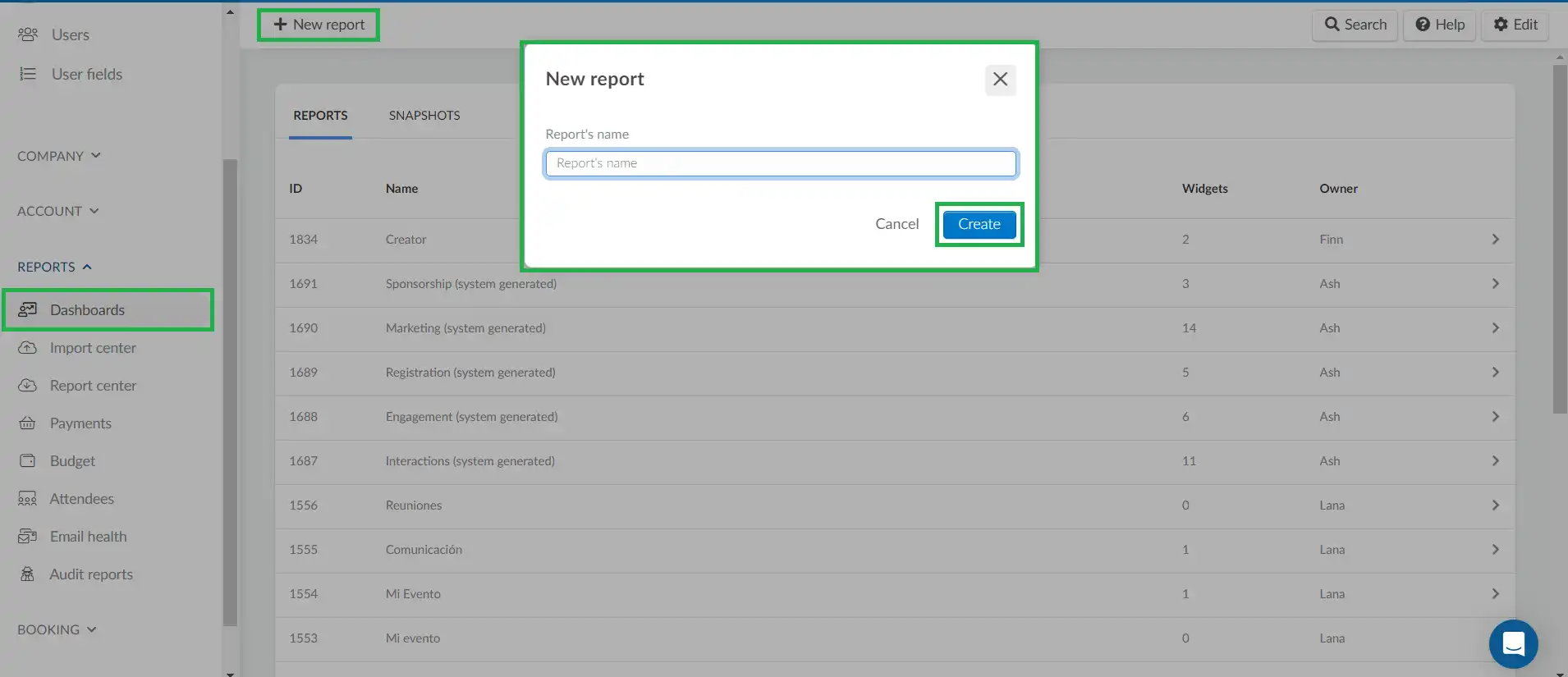 Screenshot of how to create a custom report