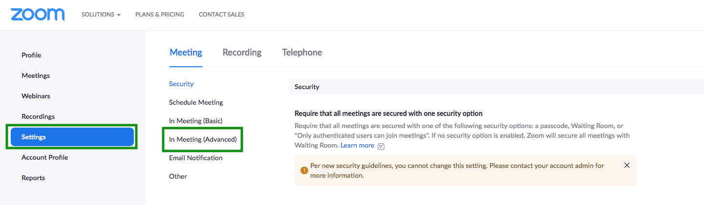 Image shows settings > in meeting (advacend) screen on Zoom