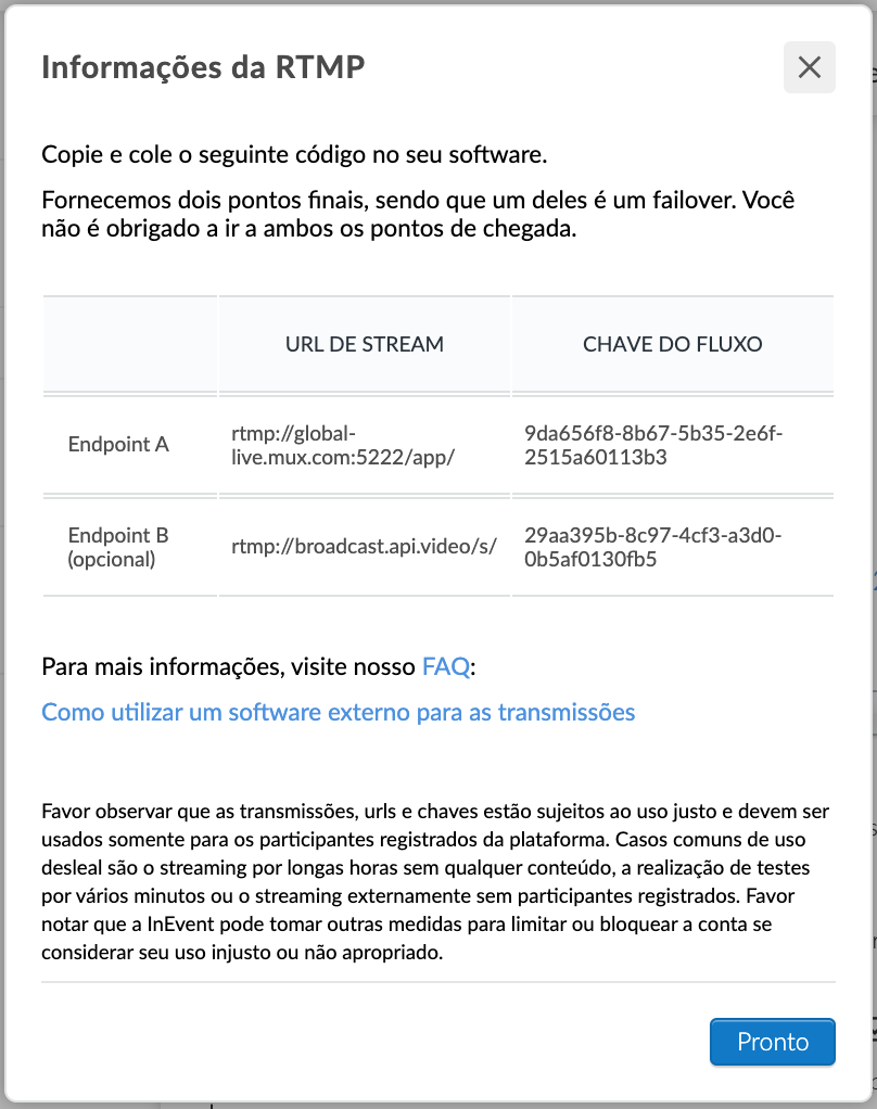 Informações para configurar o RTMP