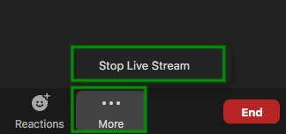 Imagen que muestra cómo detener la transmisión en vivo. En Zoom, haga clic en Más > Detener transmisión en vivo.
