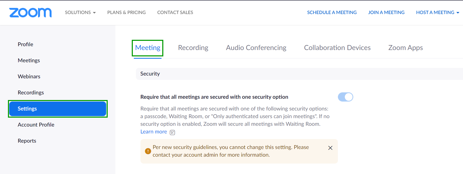 Image shows settings > in meeting (advacend) screen on Zoom