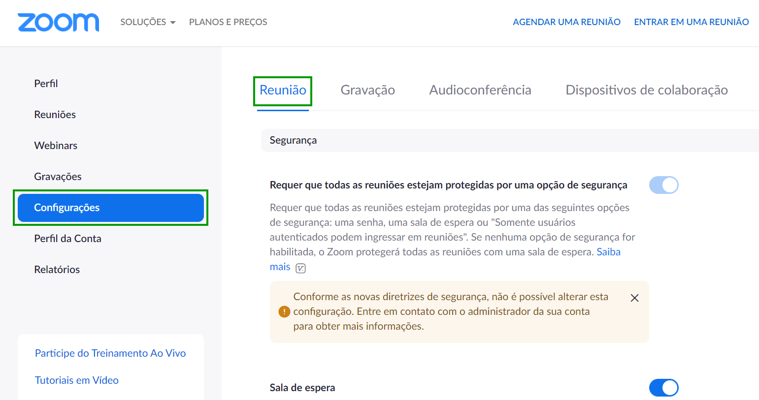 A imagem mostra as configurações > na tela em reunião (avançado) no Zoom