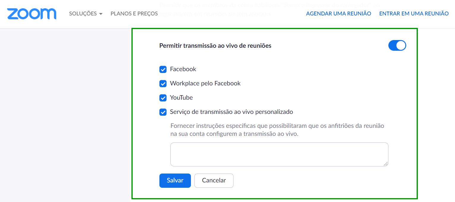 A imagem mostra as configurações de zoom para livestream