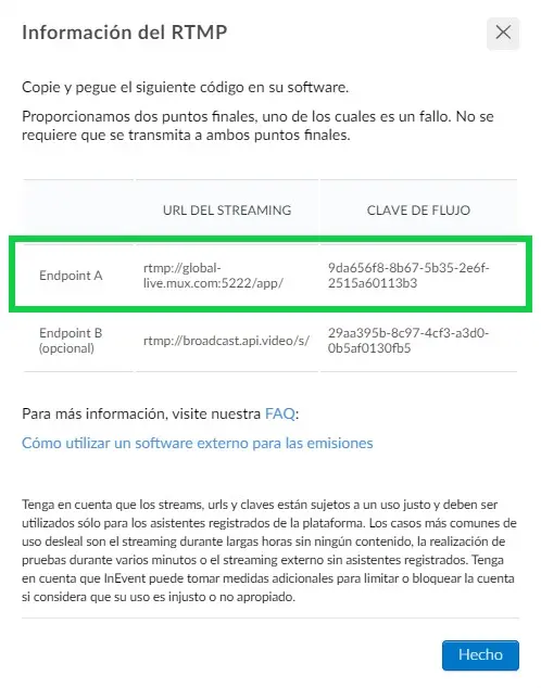 URL de transmisión y la clave de transmisión