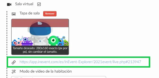 URL de la sesión de InEvent, debajo de la imagen de la portada de la sala.