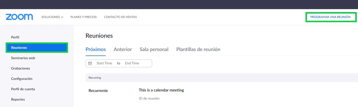 Reuniones > Programar una reunión