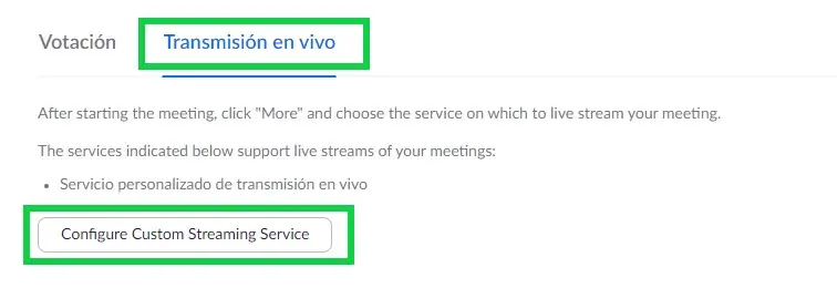 clic en Transmisión en vivo > Configurar servicio de transmisión personalizado.