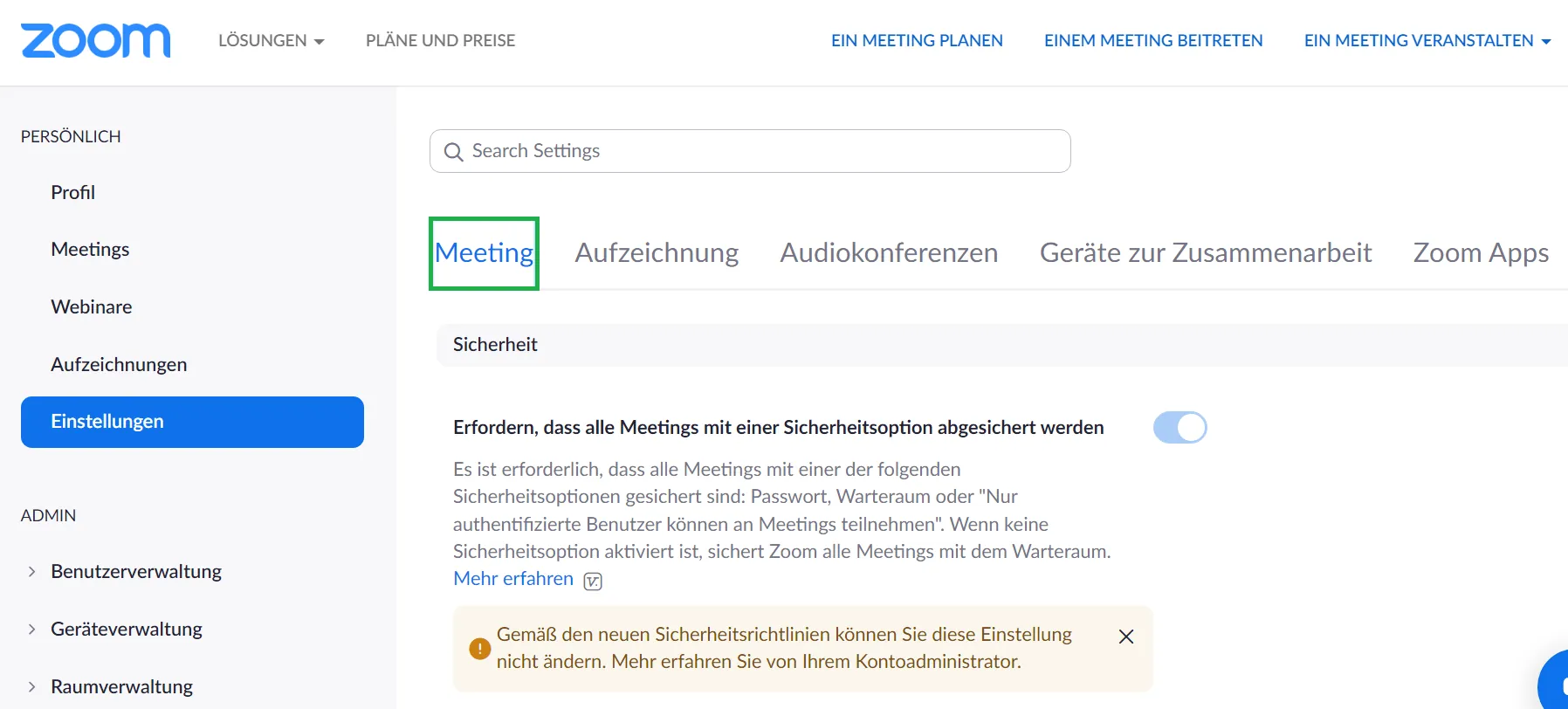 Image shows settings > in meeting (advacend) screen on Zoom