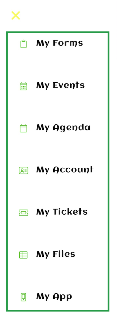 My app, account, agenda, Events, files, forms, and tickets on the attendee center menu