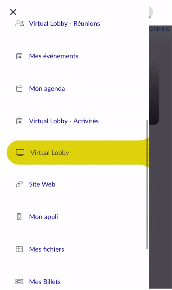 GIF montrant les onglets de votre Virtual Lobby sur la plateforme