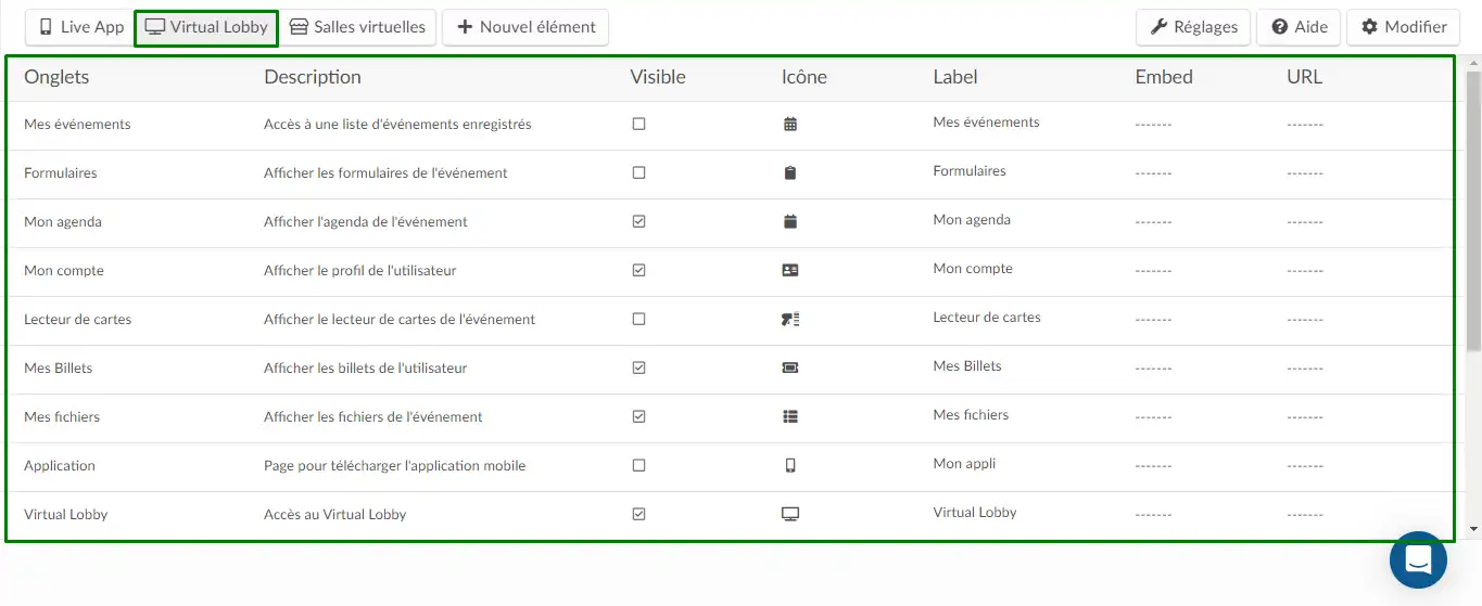 Montrant la page des onglets et la fenêtre du Virtual Lobby où vous pouvez personnaliser les onglets de l'application Web.