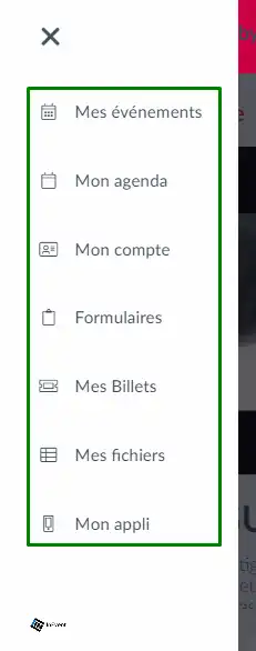 Mes événements, Mon agenda, Mes formulaires, Mon compte, Mes billets, Mes fichiers et Mon application.